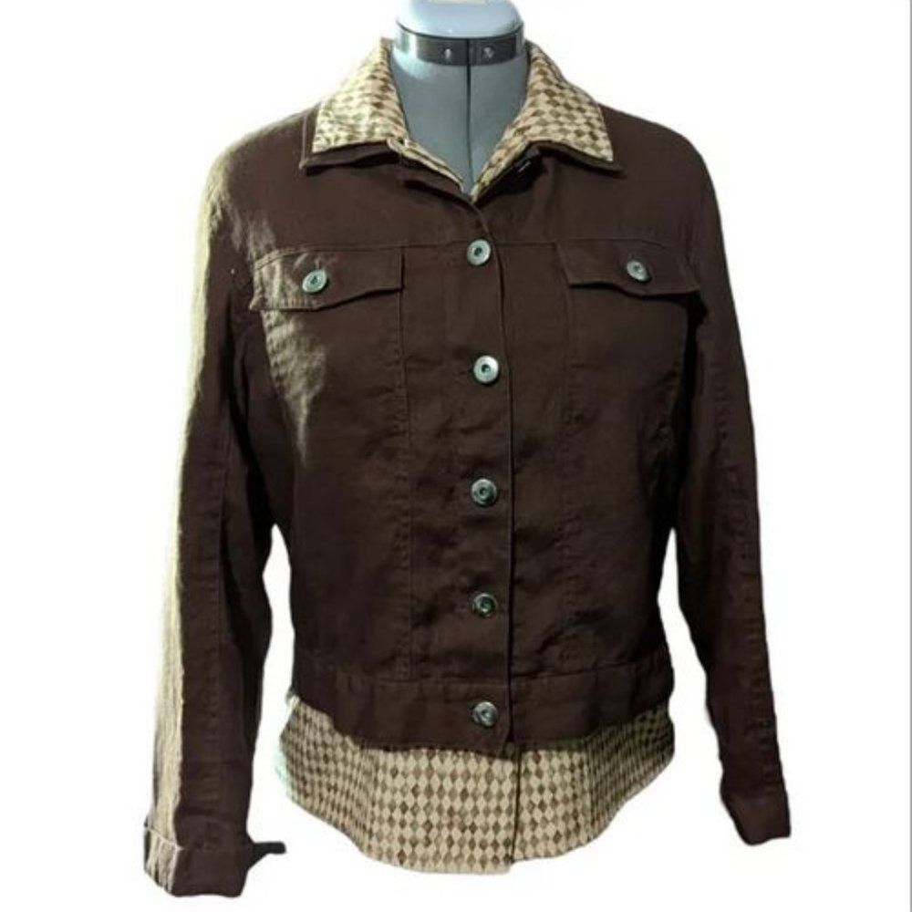 Saint Tropez West Brown Long Sleeve Linen Button Up Jacket, Size Large.  Light j
